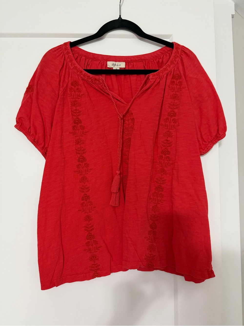 Style & Co. Bright Red Embroidered Peasant Blouse with Tassel Tie
